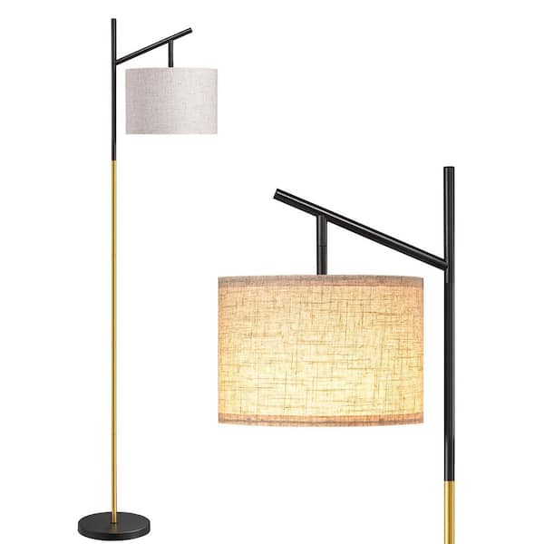 65 in. Matte Black Gold Modern Simple 1-Light LED Energy Efficient Arc Floor Lamp with Beige Fabric Drum Shade