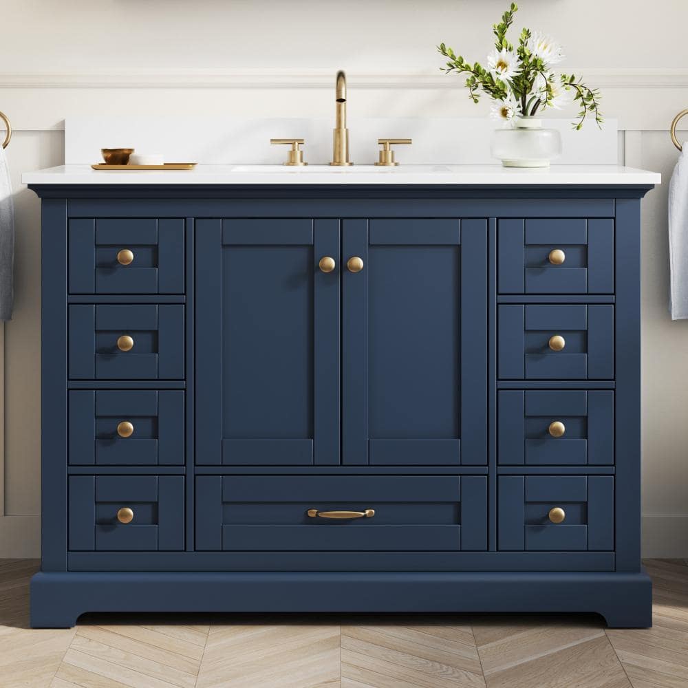 48 in. Single Sink Freestanding Navy Blue Solid Wood Bath Vanity with White Cultured Marble Top, Soft Close, Assembled price history on PriceWatchPro