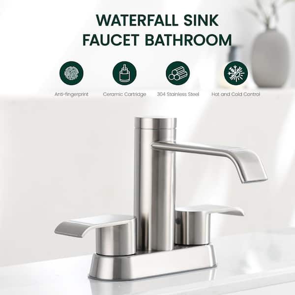 4 in. Centerset Double Handles Waterfall Spout Bathroom Faucet Sink Faucet with Pop-Up Drain in Brushed Nickel