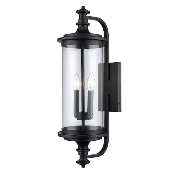 Bel Air Lighting Path 24.75 in. 2-Light Black Outdoor Hardwired Wall Lantern Sconce with No Bulbs Included and Clear Glass