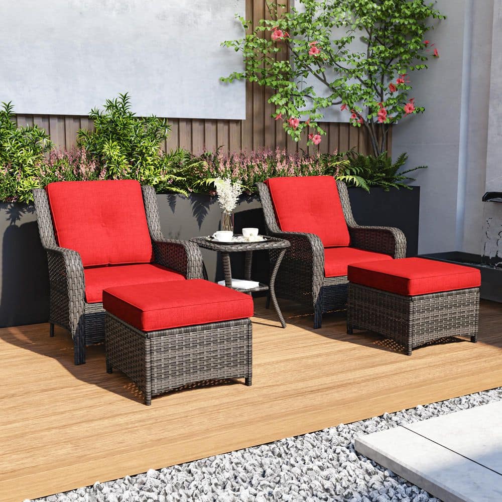5-Piece Wicker Patio Conversation Set Outdoor Lounge Chairs with Ottomans and Red Cushions price history on PriceWatchPro
