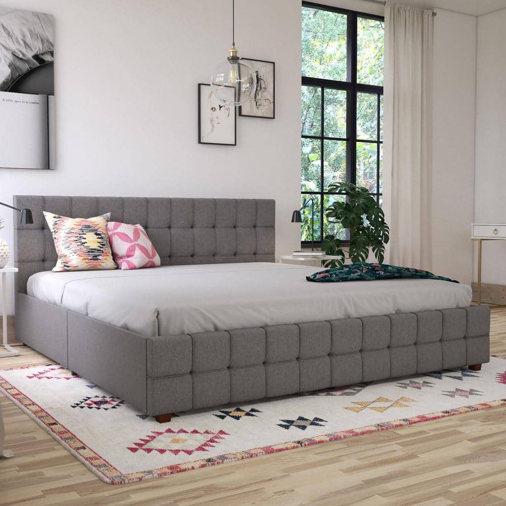 King-Size Gray Linen Upholstered Storage Bed with Tufted Design & 4 Drawers