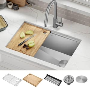 Kore 28 in. Undermount Single Bowl 16 Gauge Stainless Steel Kitchen Workstation Sink with Accessories