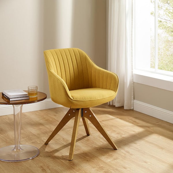 Art Leon Arthur Yellow Fabric Mid-Century Swivel Office Accent Arm Chair with Wood Legs