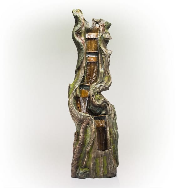 Alpine Corporation 79 in. Tall Outdoor Tree Trunk Waterfall Floor Fountain with LED Lights