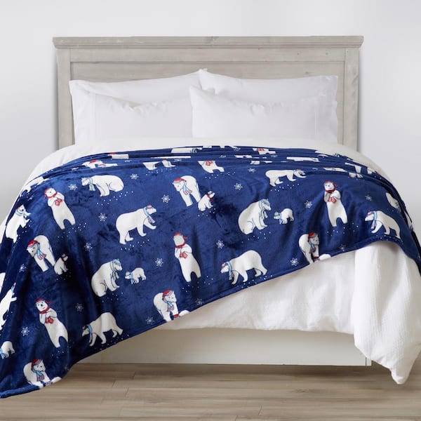 FRESHFOLDS Blue Polar Bears Microfiber Full/Queen Ultra-Soft Plush Bed Blanket