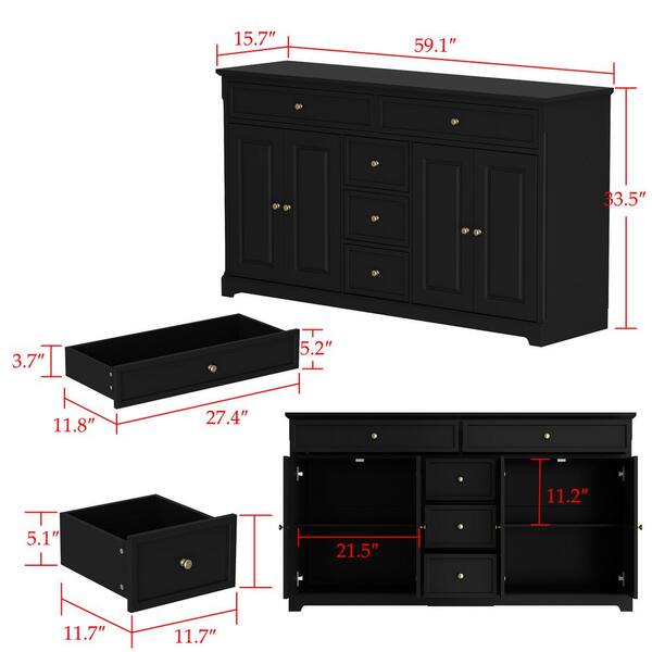 FUFU&GAGA Black Wood 59.1 in. W Sideboard with 2-Large