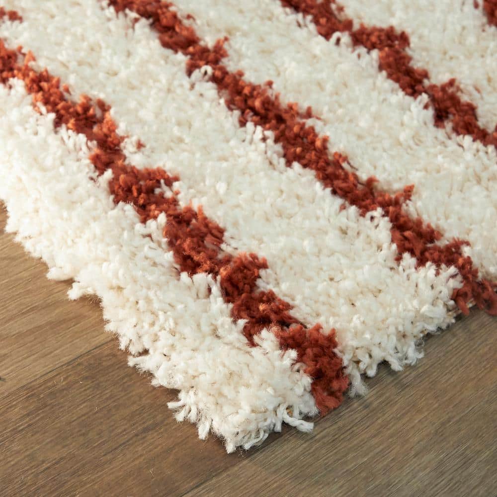 Janus Burnt Orange and Beige Geometric Shag Rug 8' x 10'