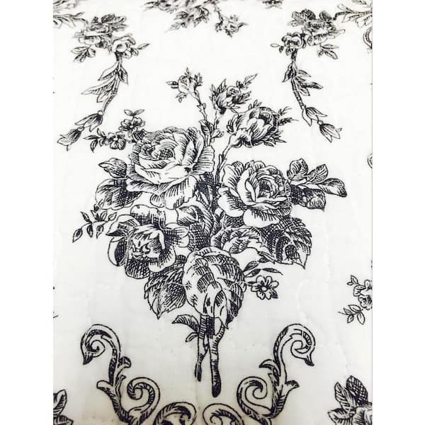 Cozy Line Home Fashions Monochrome Vintage Floral Toile 3 Piece Medallion Stripe Scalloped Black White Gray Cotton King Quilt Bedding Set Bb01005065bk The Home Depot