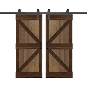 K Series 72 in. x 84 in. Walnut/Coffee Finished DIY Solid Wood Double Sliding Barn Door with Hardware Kit