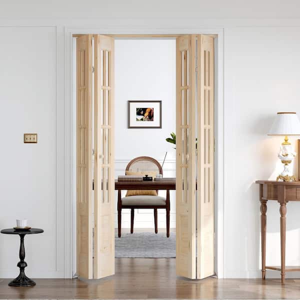 48 in. x 80 in. 3/4 Lite Preassembled Clear Glass Solid Core Wood Spruce Bi-Fold French Door with Hardware