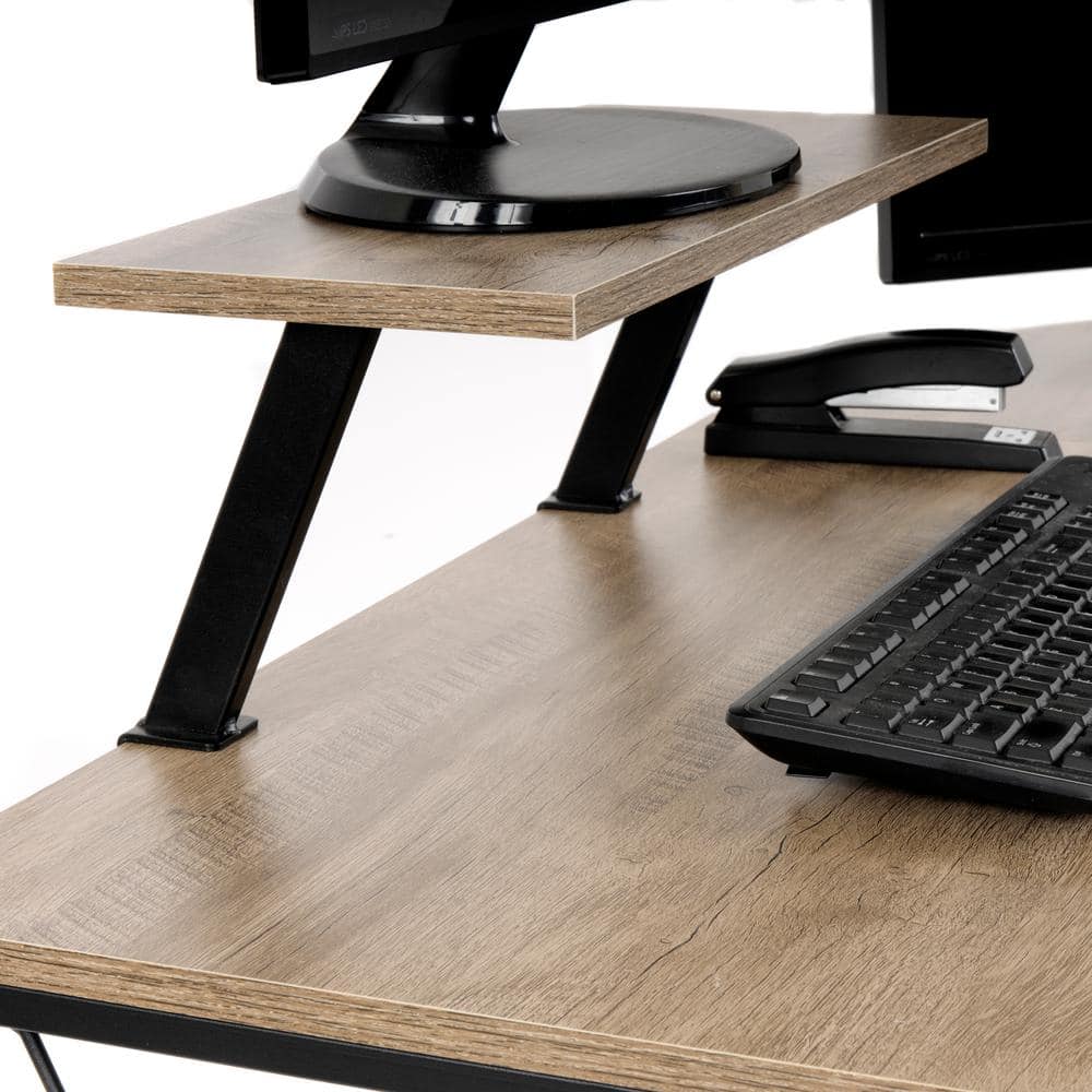 Sewn Oak Laminate and Black Steel L-Shape Home Office Desk