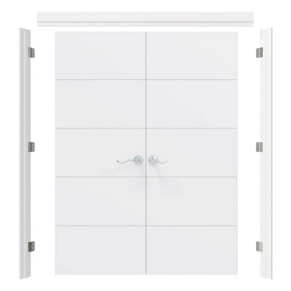 60 in. x 80 in White 5-Panel Composite Solid Core Universal Double Prehung French Door with Quick Assemble Jamb & Handle