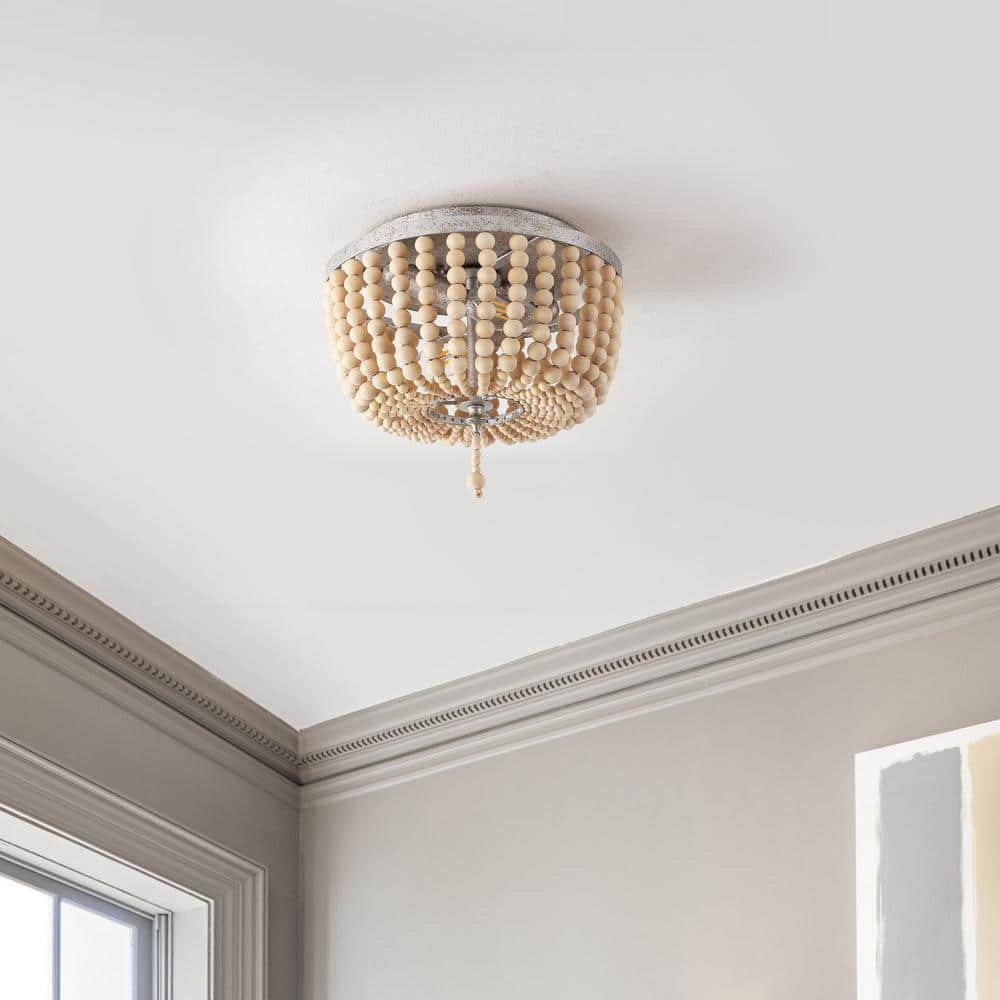 Antique Silver and Cream Wood Beaded Farmhouse Flush Mount Light