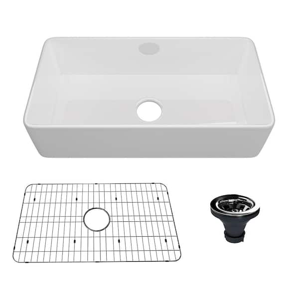 CASAINC Glossy White Fireclay 36 in. Single Bowl Farmhouse Apron Kitchen Sink with Bottom Grid and Strainers With CUPC Certified