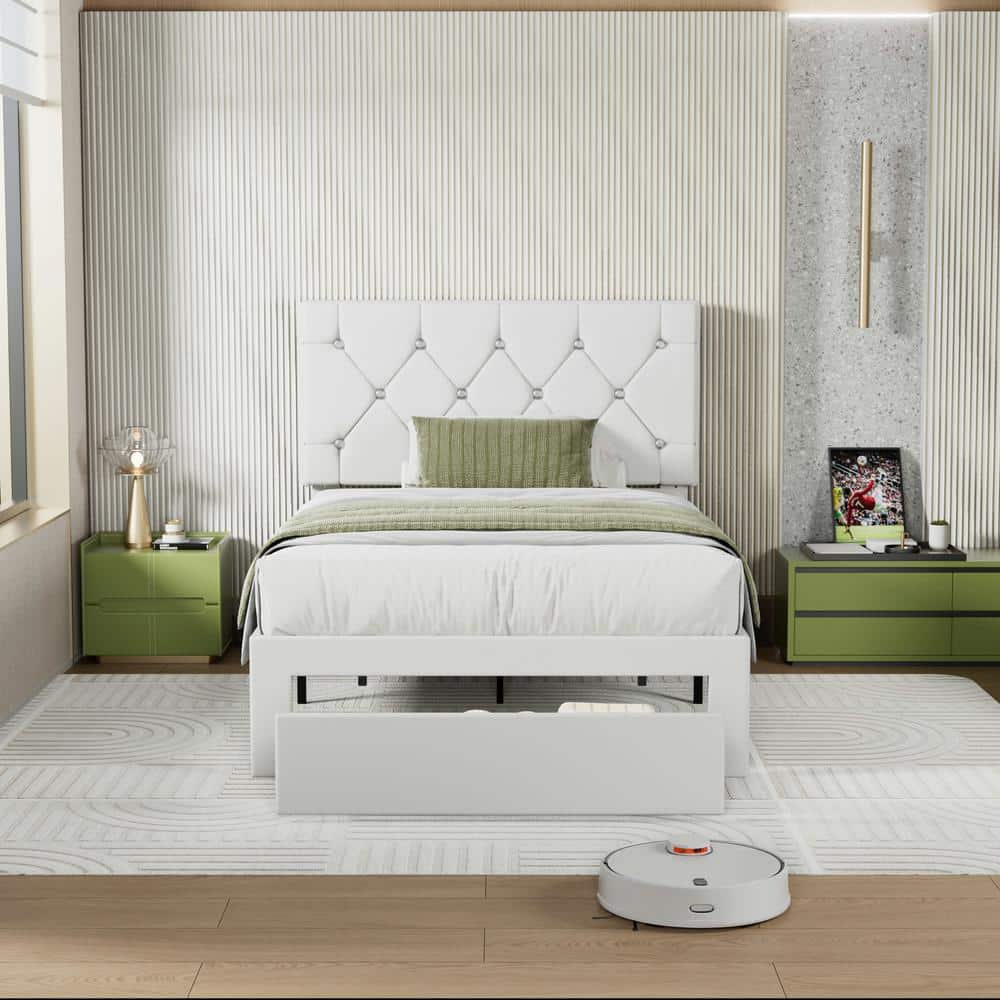 Twin Upholstered Storage Bed - 1 Drawer, Platform Bed with White Faux Leather Tufted Headboard, Wood Slats Bed Frame
