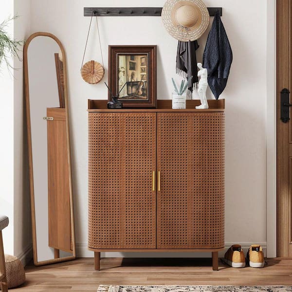 ATHMILE Walnut MDF 39.37 in. H Iron Rattan CurvedSurface Storage