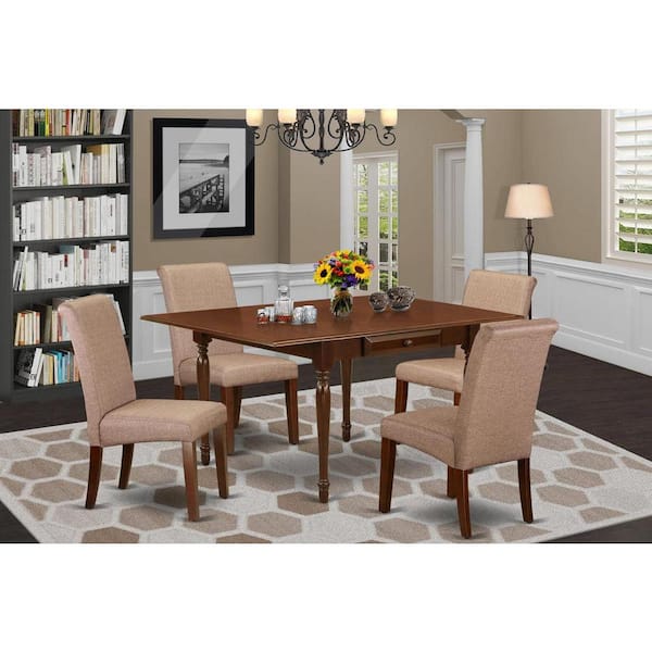 East West Furniture 5-Piece Mahogany Finish Solid Wood Top - Rectangular Dining Room Set with Dropleaf - Seats 4