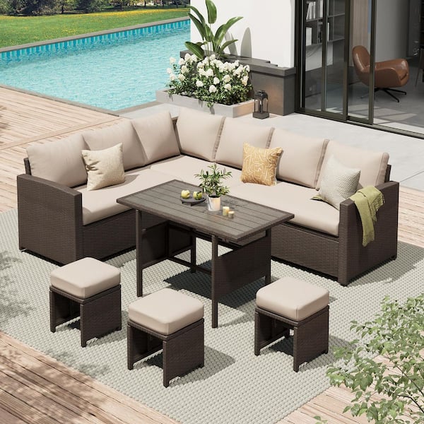7-Pieces Patio Brown Wicker Furniture Dining Set with Beige Cushions
