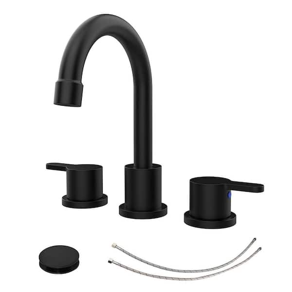 Abdera 8 in. Widespread 2-Handle Bathroom Sink Faucet with 360° Swivel Spout and Pop-Up Drain in Matte Black