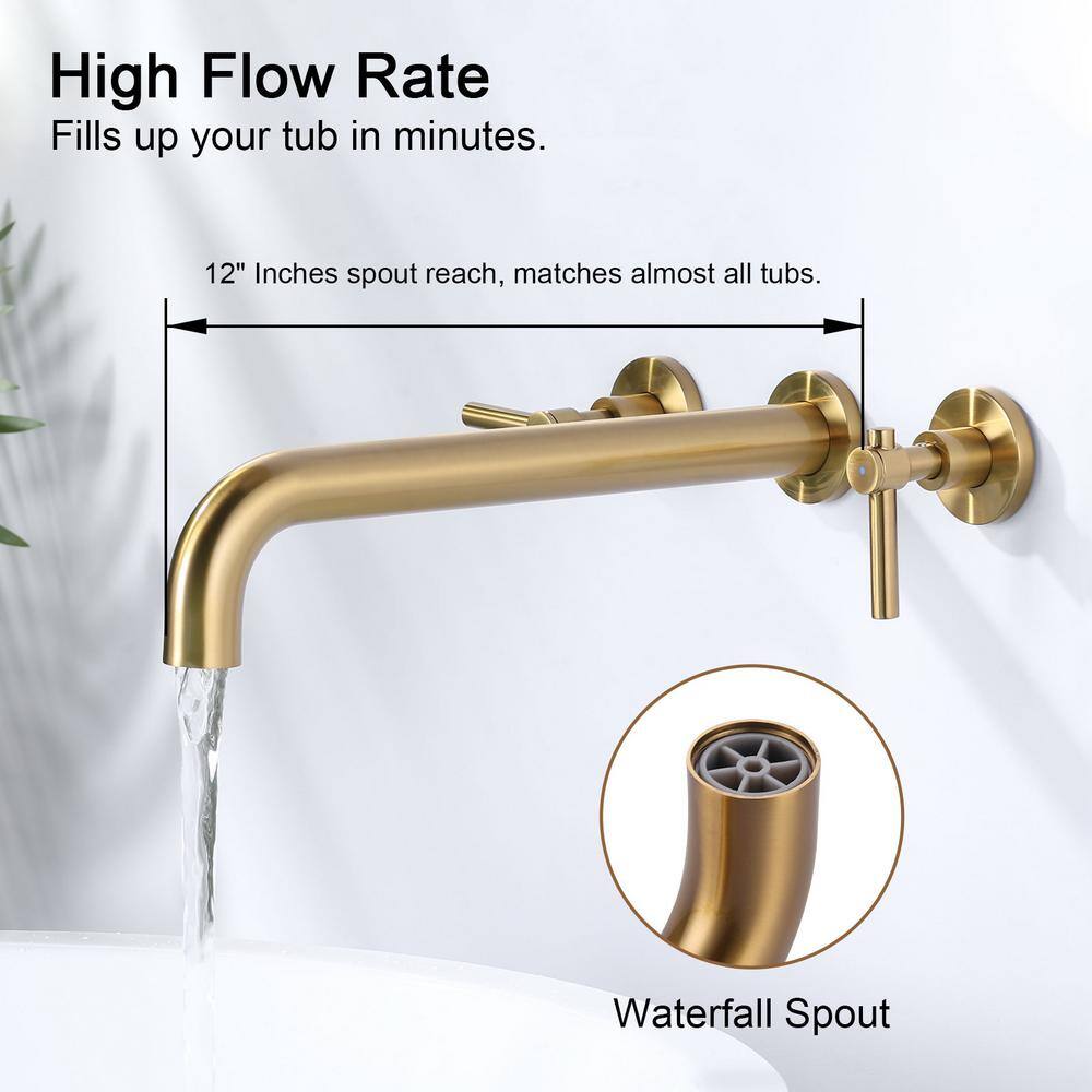 Brushed Gold Wall Mount Tub Filler Faucet with Lever Handles