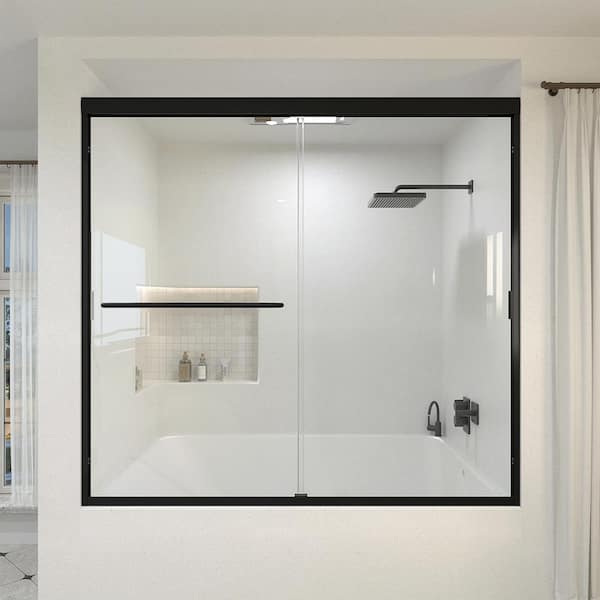 Wish 60 in. W x 56 in. H Sliding Bath Tub Door in Semi Frameless in Matte Black with Clear Glass