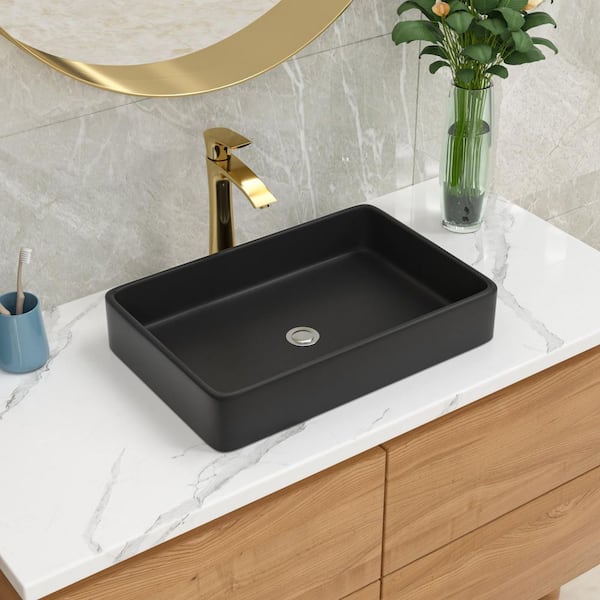 LORDEAR 24 in. W x 16 in. D Matte Black Porcelain Ceramic Rectangular Bathroom Vessel Sink