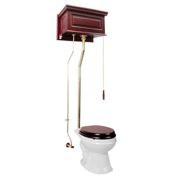 RENOVATORS SUPPLY MANUFACTURING Manchester High Tank Toilet 1.6 GPF 2-Piece Single Flush Elongated Bowl in White with Cherry Raised Tank and Brass Pipe
