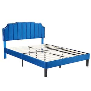 Upholstered Bed Blue Metal+Wood Frame Queen Platform Bed with Tufted Adjustable Headboard/Mattress Foundation