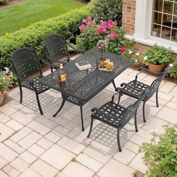 5-Piece Black Cast Aluminum Outdoor Dining Set with Blue Cushions