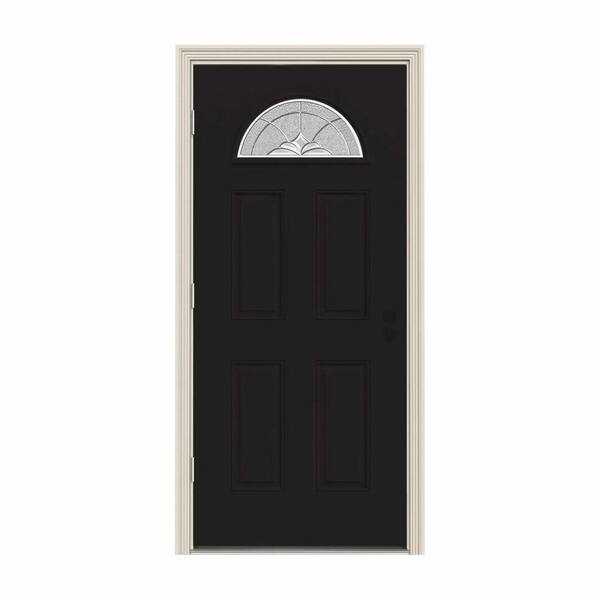 JELD-WEN 34 in. x 80 in. Fan Lite Langford Black w/ White Interior Steel Prehung Right-Hand Outswing Front Door w/Brickmould