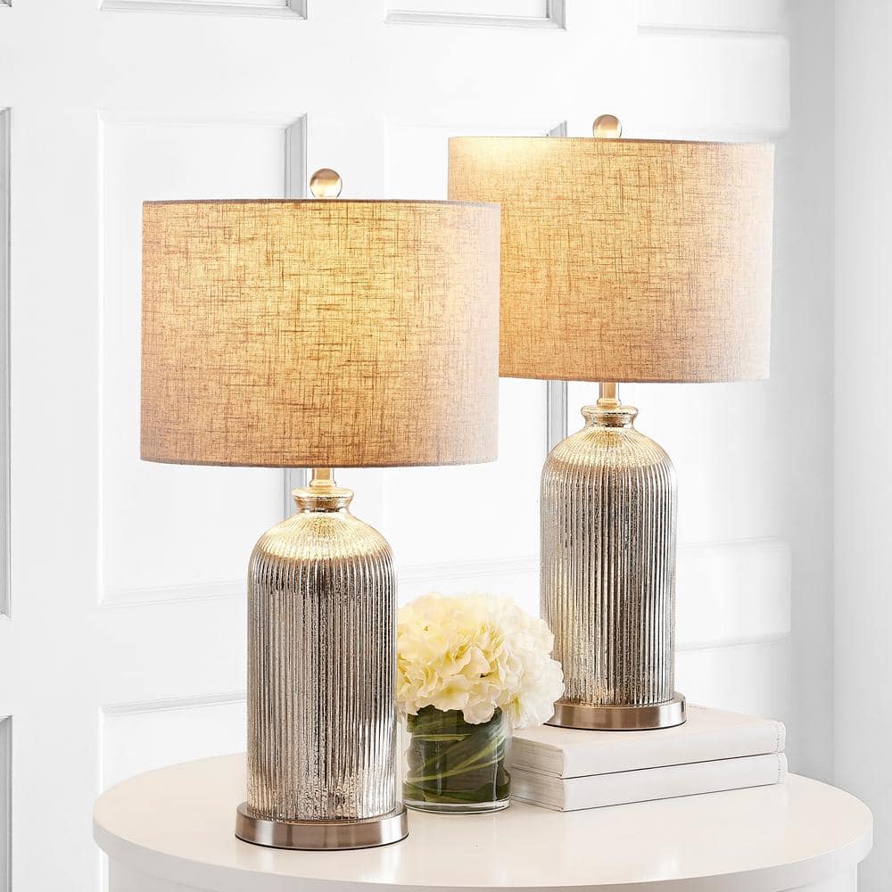 Ashson Silver Mercury Glass Table Lamp Set with Beige Shades