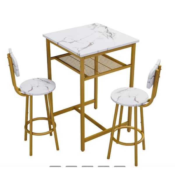 3-Piece Metal Outdoor Serving Bar table Set, equipped with 2 bar stools, with backrest and partition