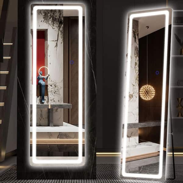White 16 in. W x 56 in. H Rectangle Full Length Mirror with LED Lights Floor and Wall Mounted for Bedroom, Living Room