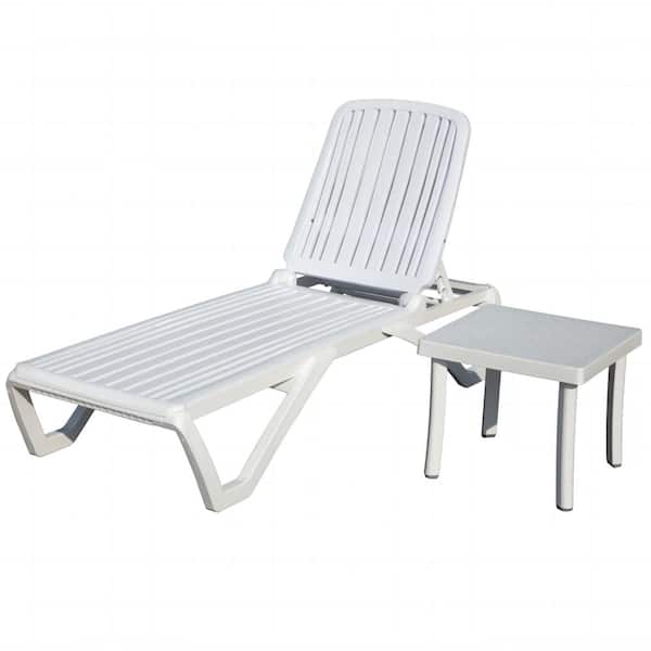 ToolCat Adjustable Recliner Plastic Outdoor Lounge Chair Pool Lounger Tanning Lounge Chair with Table in White