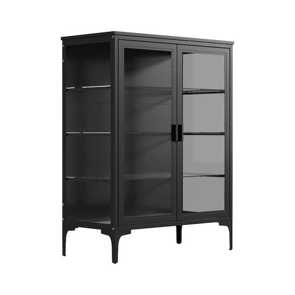 FUFU&GAGA Black 41.7 in. Height Wooden, Glass Accent Storage Cabinet with Black Back, 3-Visable Sides, 2 Doors, 4 Shelves