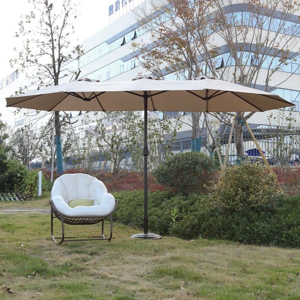 BTMWAY 14.8 ft. x 8.8 ft. Market Double-Sided Outdoor Patio Umbrella Rectangular Large with Crank in Khaki