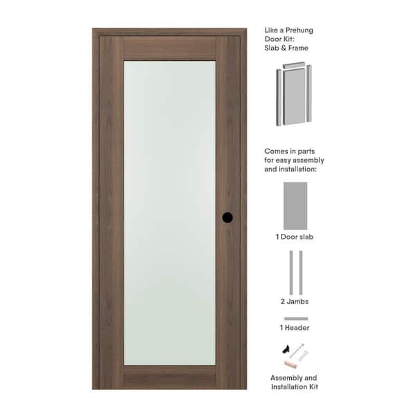 28 in. x 96 in. Left-Hand Solid Composite Core Full Lite Frosted Glass Pecan Nutwood Wood Single Prehung Interior Door