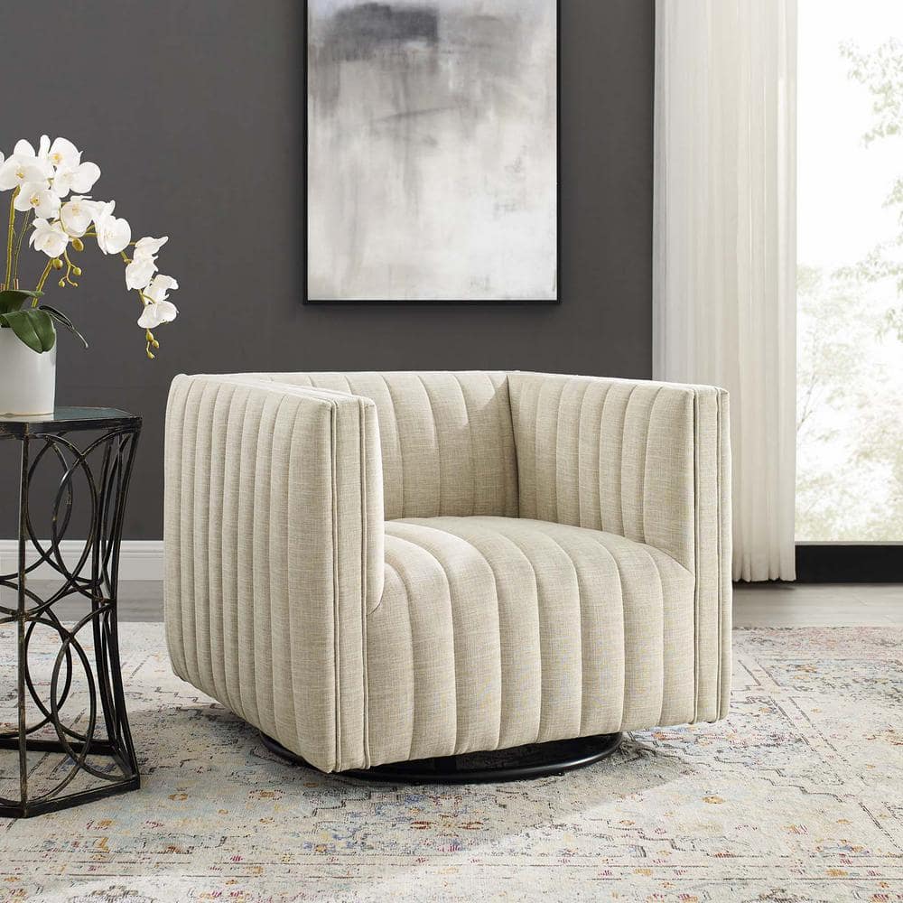 Beige Velvet Swivel Accent Chair with Wood Base
