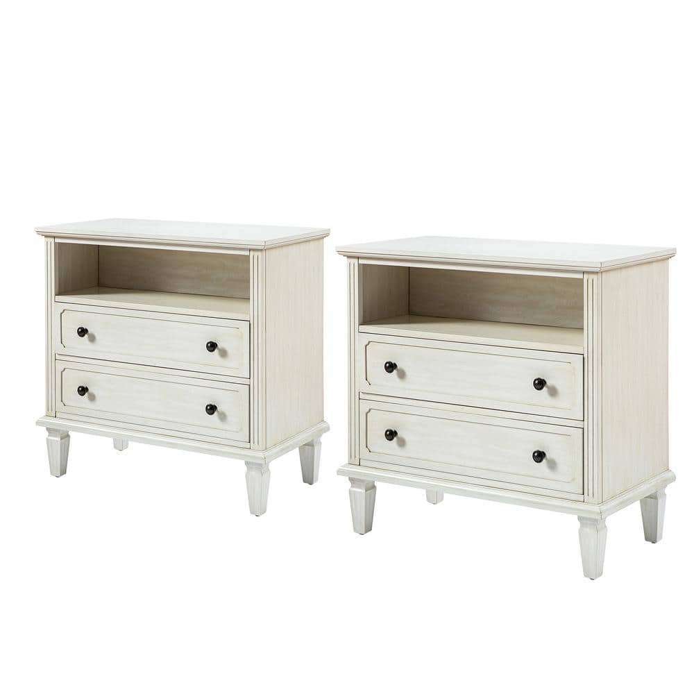 Juiien Mid-Century Solid Wood 2 - Drawer Storage Nightstand with USB Port Set of 2-Walnut - thumbnail 4