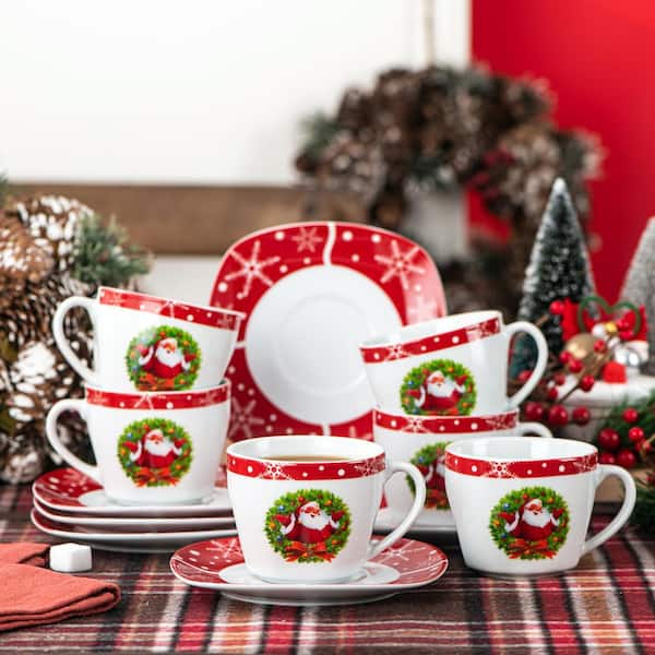 Santaclaus 7.4 oz. Multi-colors Porcelain Christmas Espresso Cups and  Saucers Set (Service for 6)