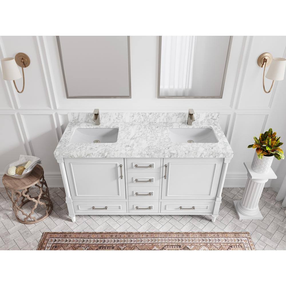 Aberdeen 60" White Solid Wood Double Sink Vanity with Carrara Marble Top