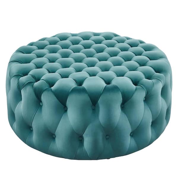 MODWAY Amour Tufted Button Large Round Performance Sea Blue Velvet Ottoman