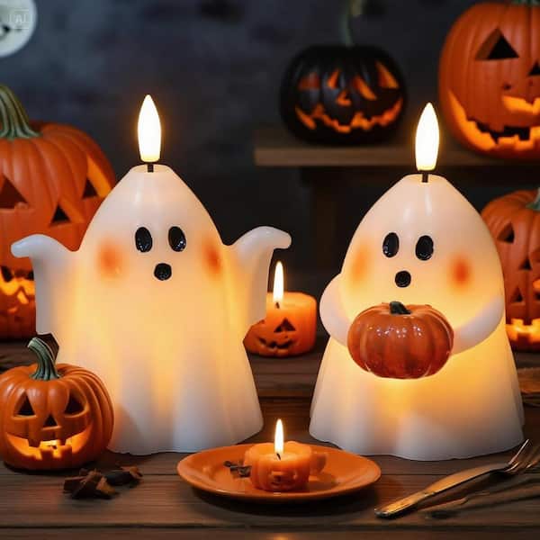 Halloween White Ghost Flickering Flameless Candles with Timer