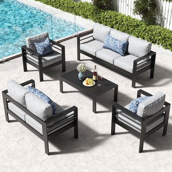 5-Piece Aluminum Outdoor Patio Conversation Set with Light Gray Cushion