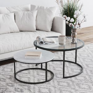 Stella 32 in. 2-Piece Gunmetal Round Faux Marble/Tempered Glass Top Coffee Table Set with Nesting Tabless