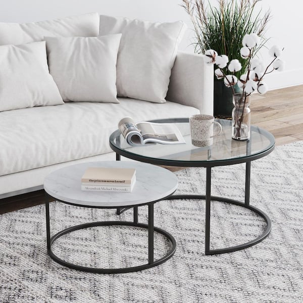 Nathan James Stella 32 in. 2-Piece Gunmetal Round Faux Marble/Tempered Glass Top Coffee Table Set with Nesting Tabless