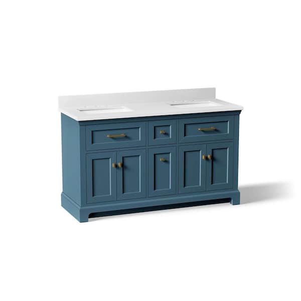 Charlemont 61 in. Double Sink Freestanding Tidal Blue Bath Vanity with White Quartz Top Assembled
