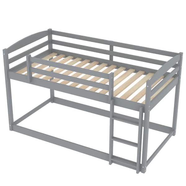 ANBAZAR Gray Twin Over Twin Low Floor Bunk Bed for Kids, Solid Wood Twin Kids Bunk Bed Frame with Ladder