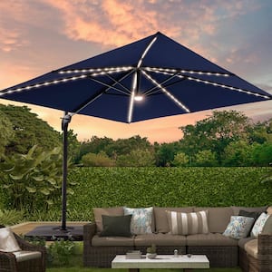 10 ft. x 10 ft. Aluminum Pole Outdoor Square Cantilever Umbrella Solar LED Patio Umbrella in Navy Blue